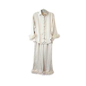 Feather Trimmed Satin Pajama Set - Champagne - 4